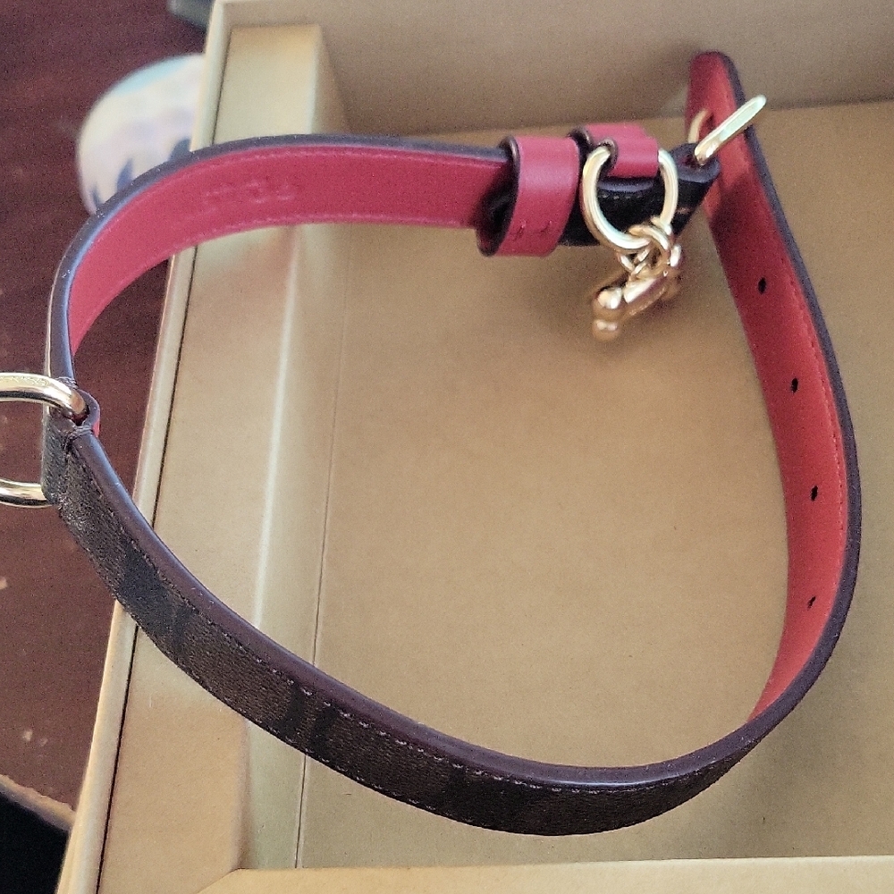 Brown and Red COACH Leather Dog Collar with Gold Hardware